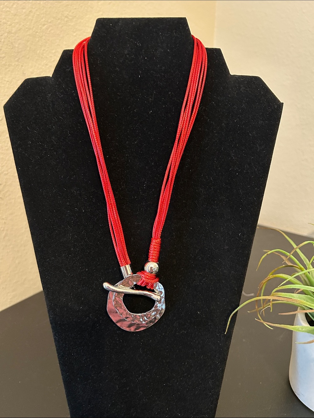Red Multi-Strand Cord Necklace with Silver Hammered Pendant